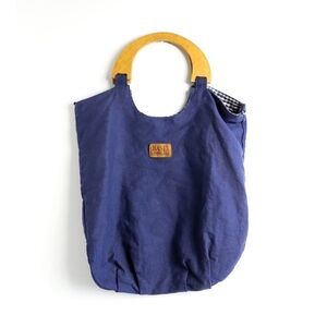 Basix blue canvas tote wooden handle shopper minimalist boho trendy shopping